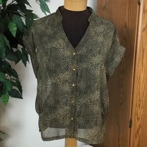 BLUE loop blouse Womans size large tan black v neck keyhole semi sheer